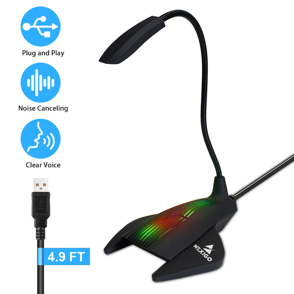 USB Microphone Features, including plug and play, Noise Canceling, and cable length: 4.9 ft