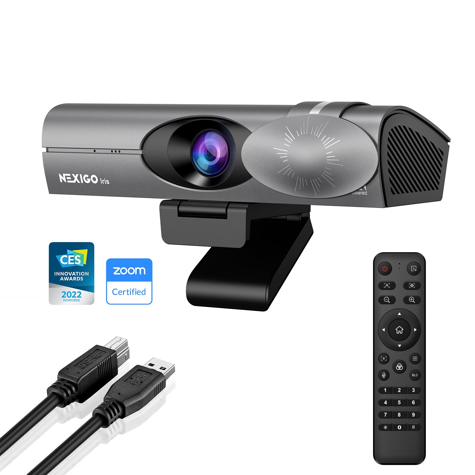 NexiGo Iris, 4K AI Webcam with Remote control and Type-A to Type-C Cable
