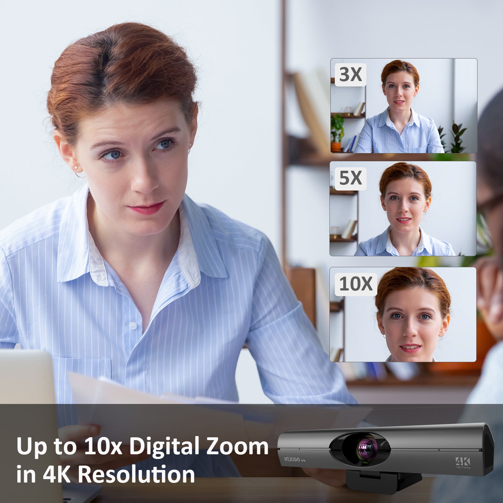 Webcam with 10x Digital Zoom, 4K Resolution.