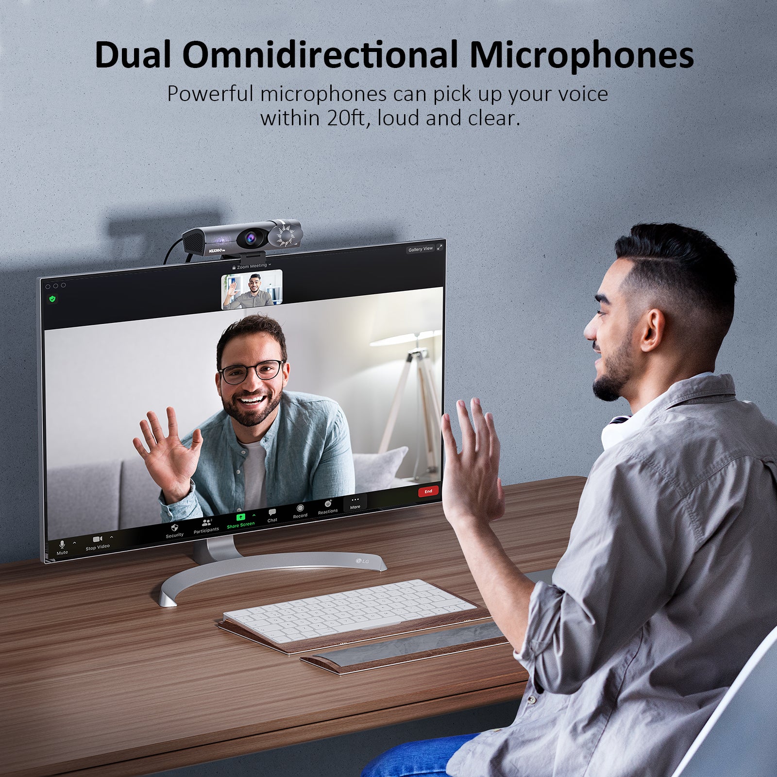 Webcam with Dual Omnidirectional Microphones, captures audio up to 20ft away.