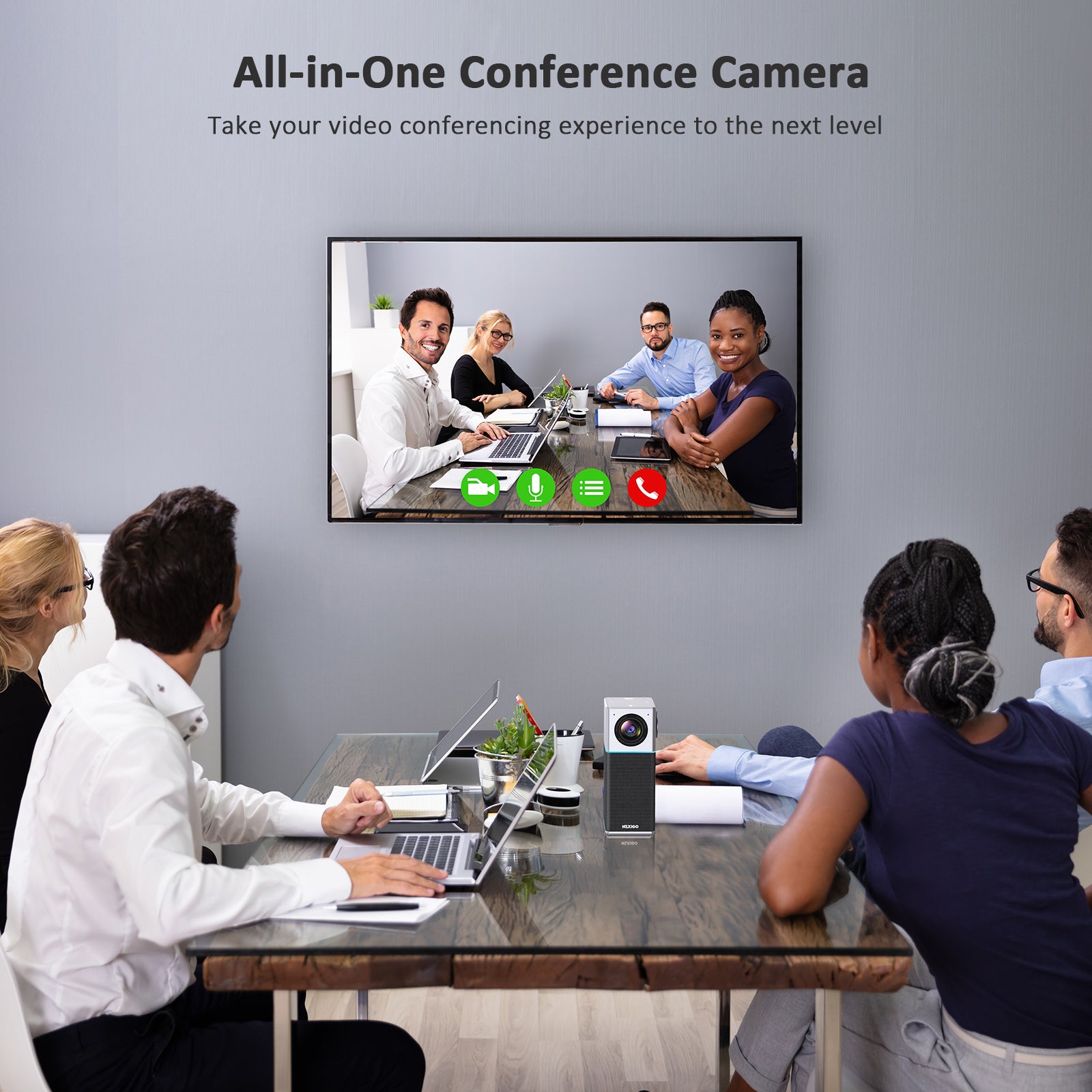 A team of four is using the All-in-One Conference Camera for video meetings.