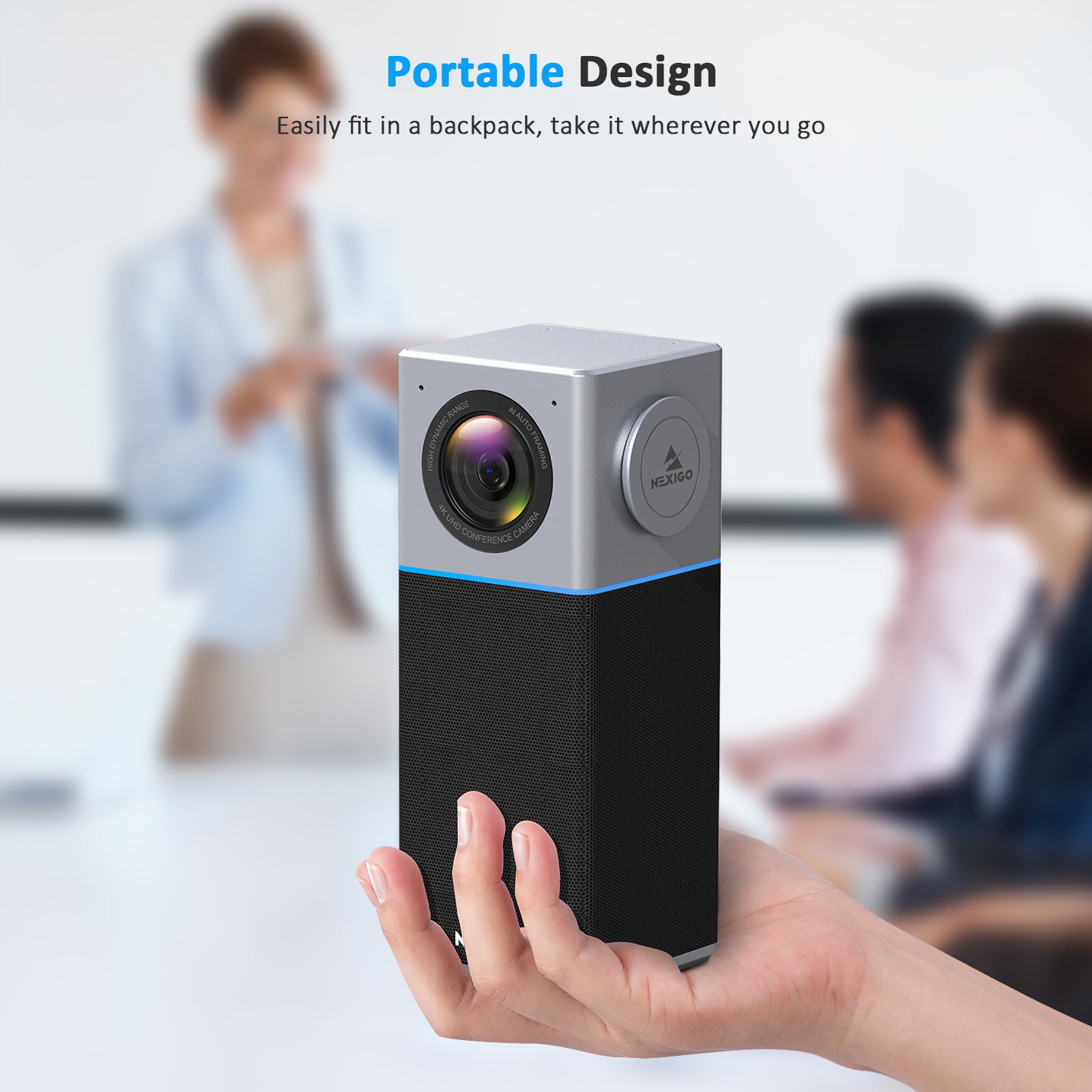 The Conference Camera is compact, lightweight, and easy to carry, fits comfortably in one hand.
