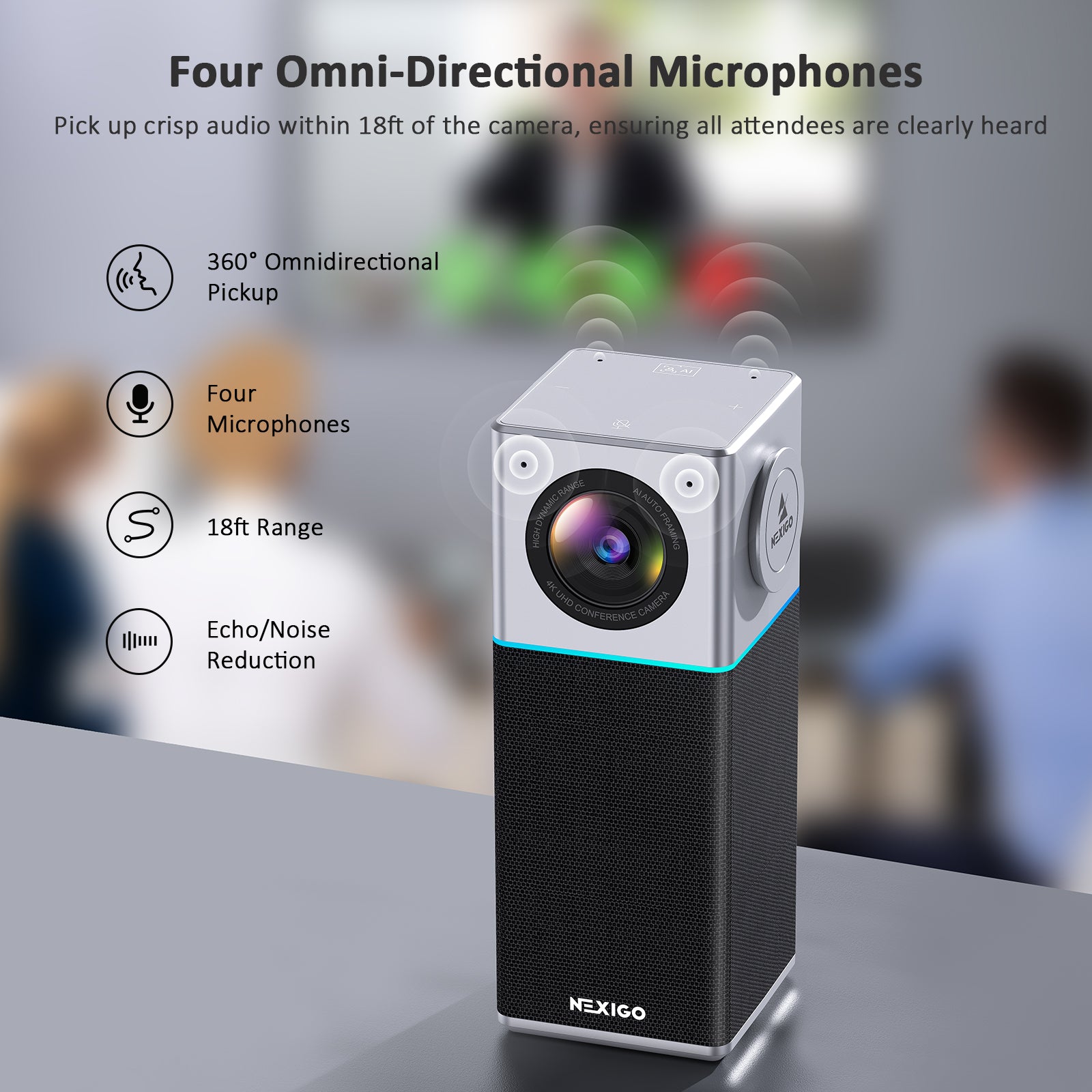 The Conference Camera has 4 microphones for 360° spatial audio pickup, with a maximum range of 18ft