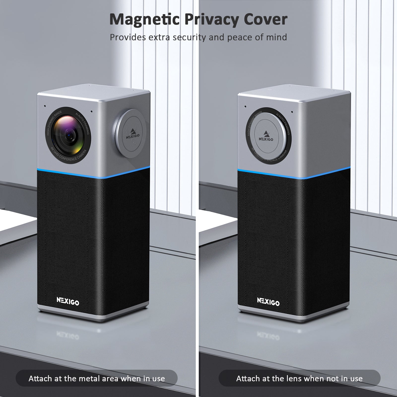 Conference Camera with magnetic privacy cover, attaches magnetically when not in use.