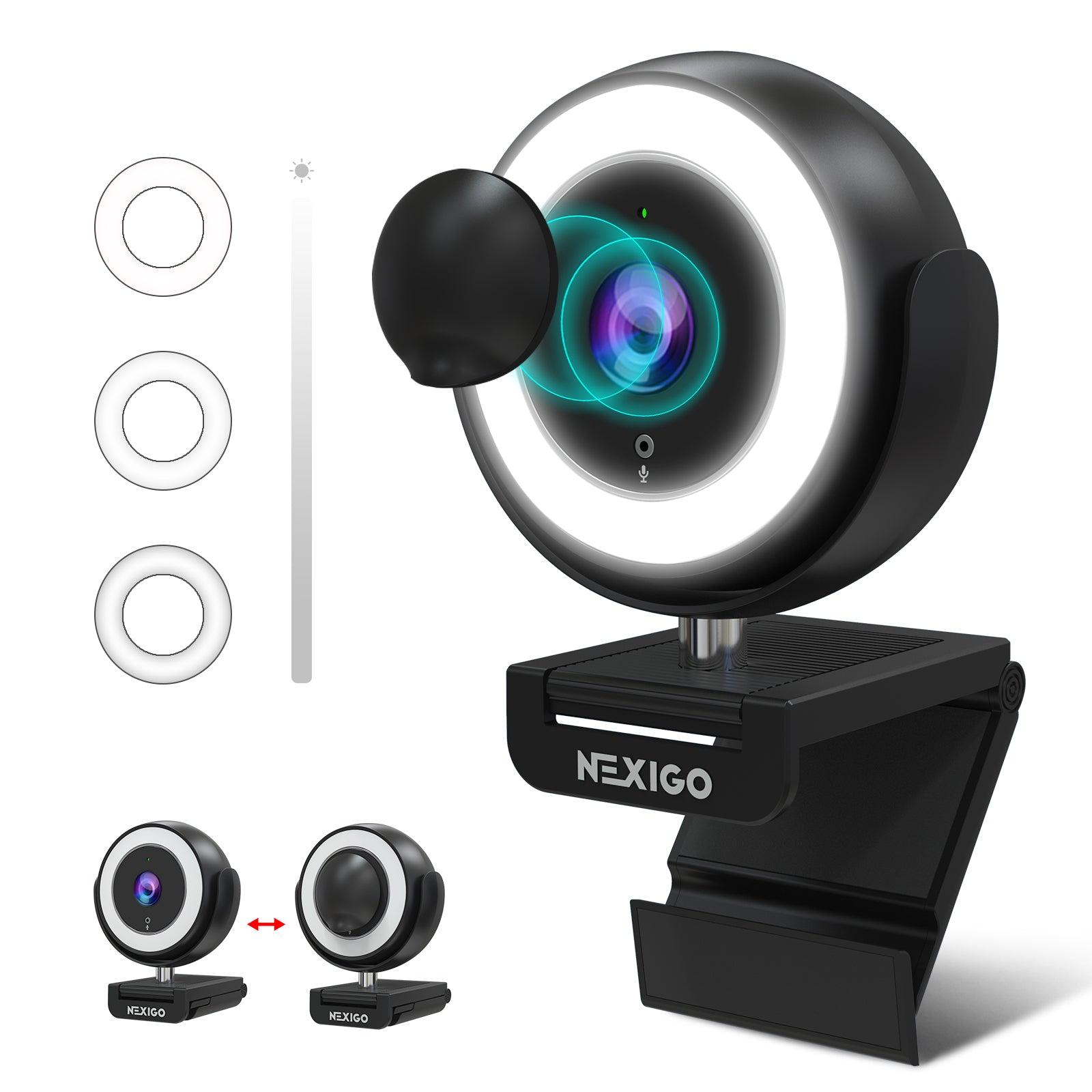 Ring Light Webcam with Adjustable Brightness and Magnetic Privacy Cover (Black)