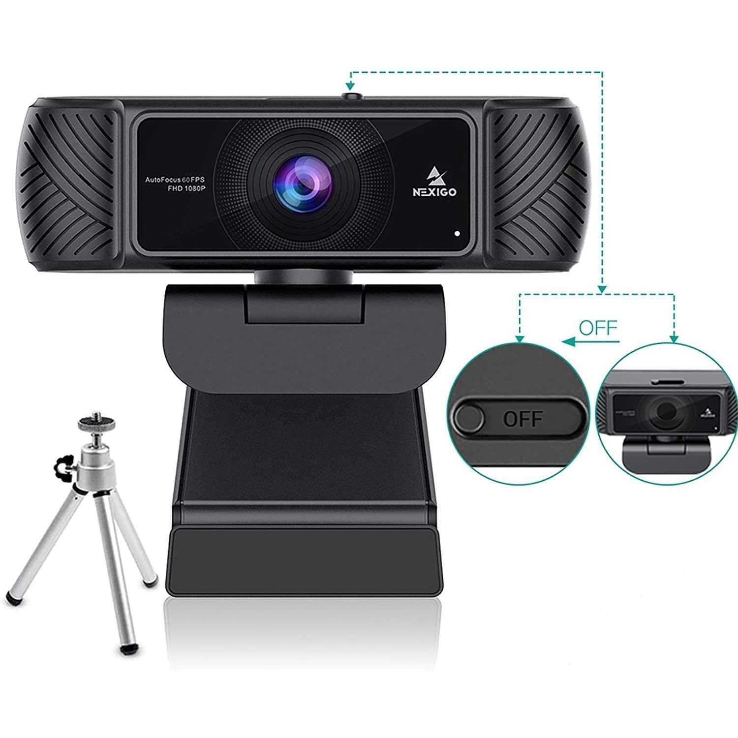 Webcam features a built-in manual privacy cover and comes with a tripod stand.