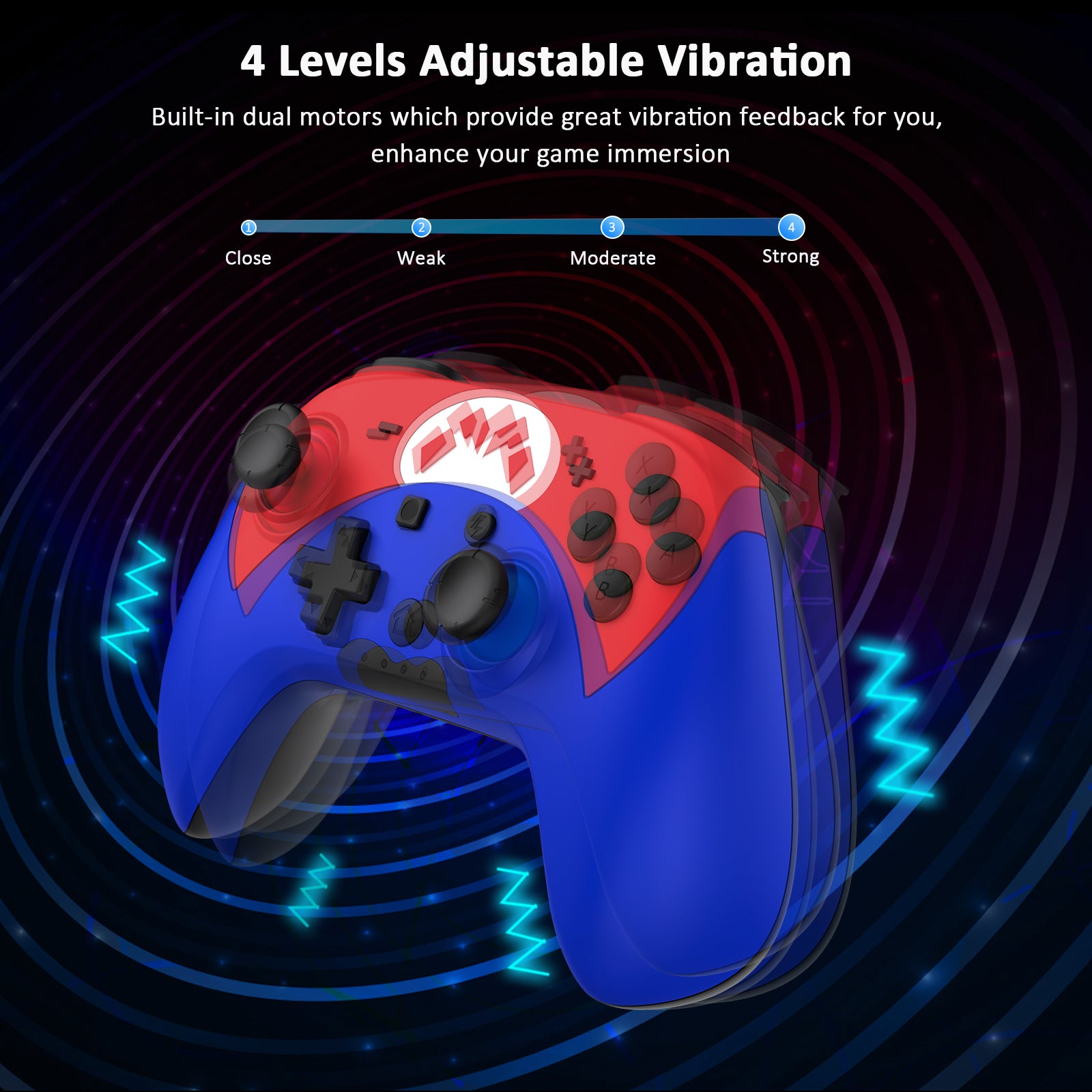 4 adjustable vibration levels: Off, Low, Medium, and High.