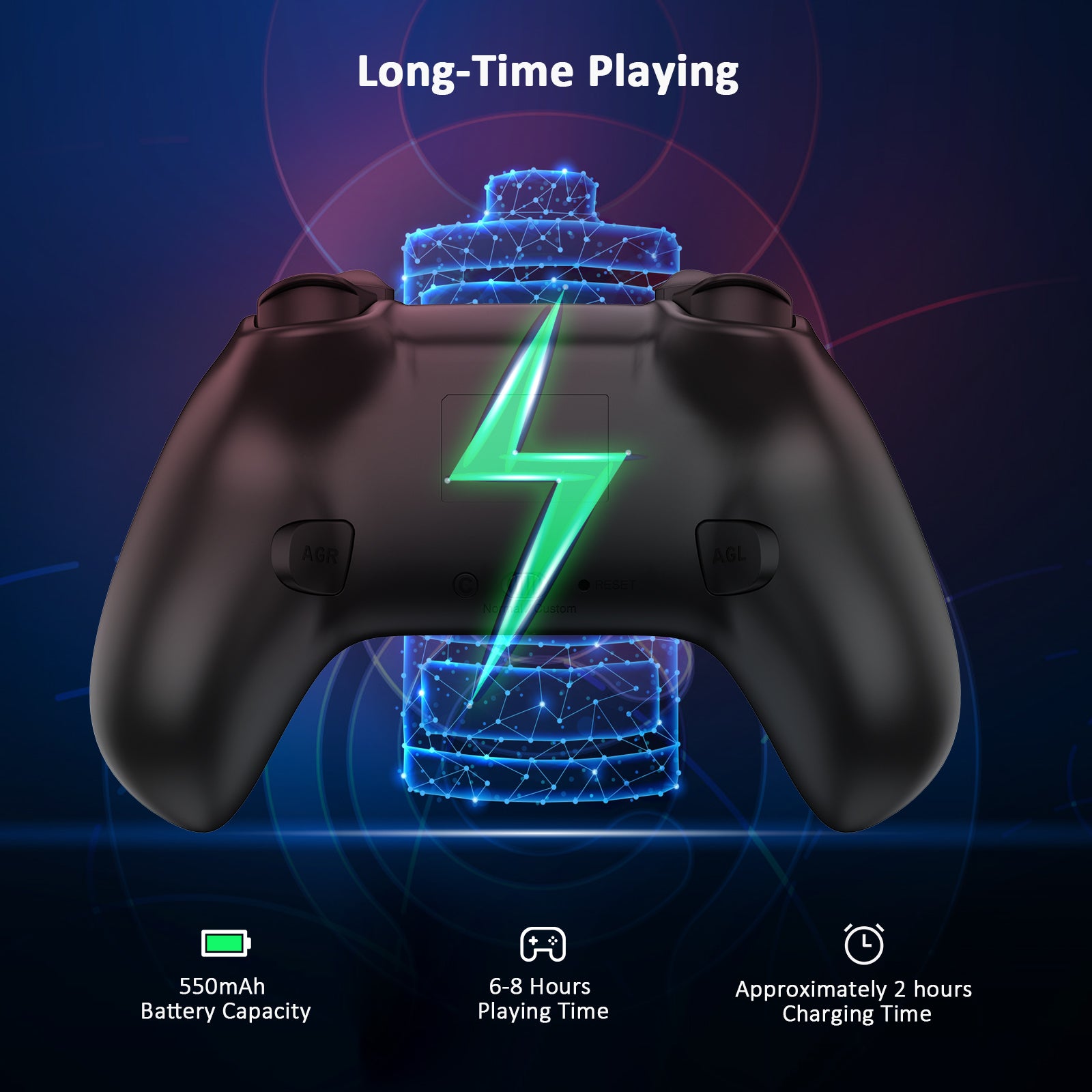 550mAh capacity battery shown in rear perspective, only 2 hours charge for 6-8 hours of gameplay.