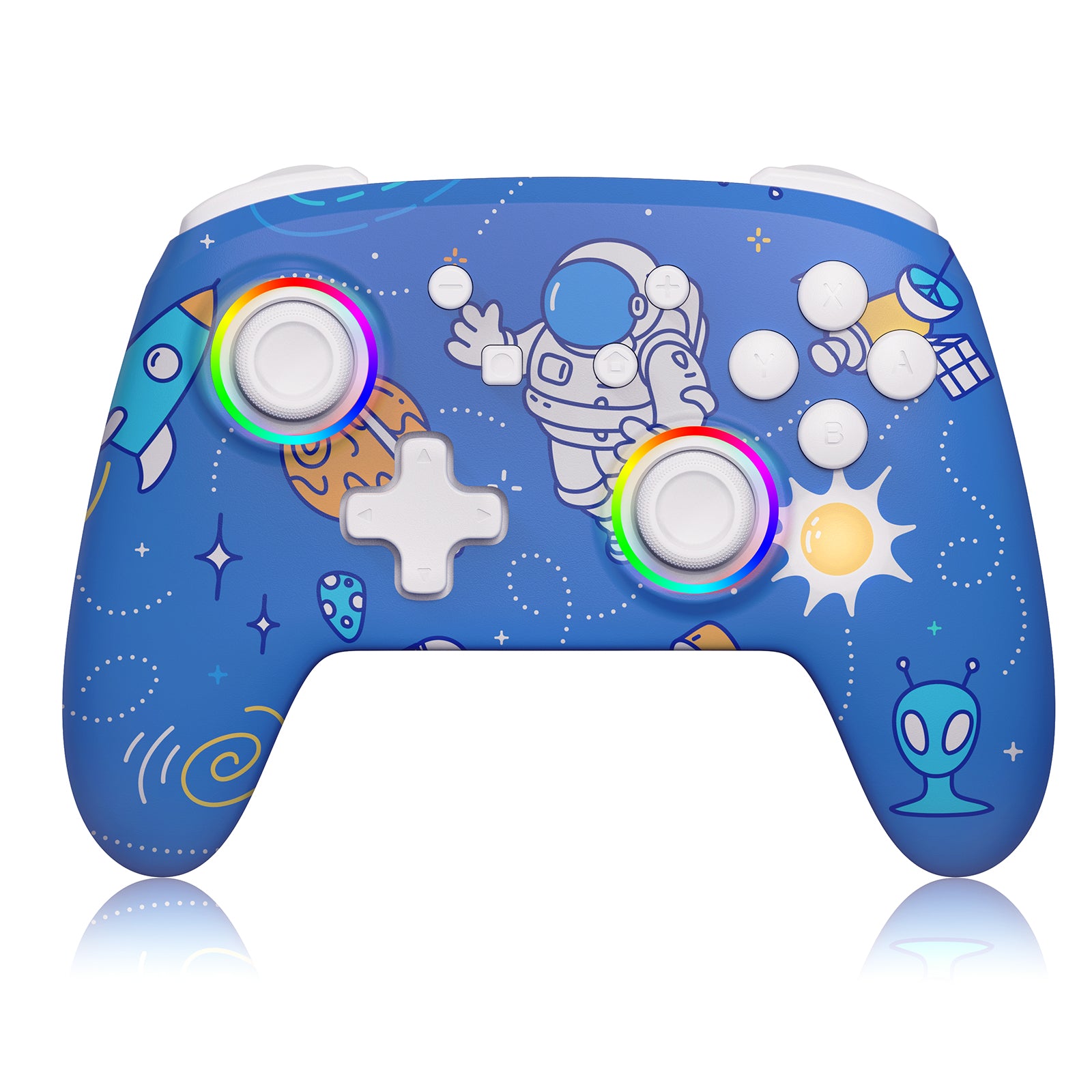 The image showcases a blue astronaut skin on the Bluetooth controller.