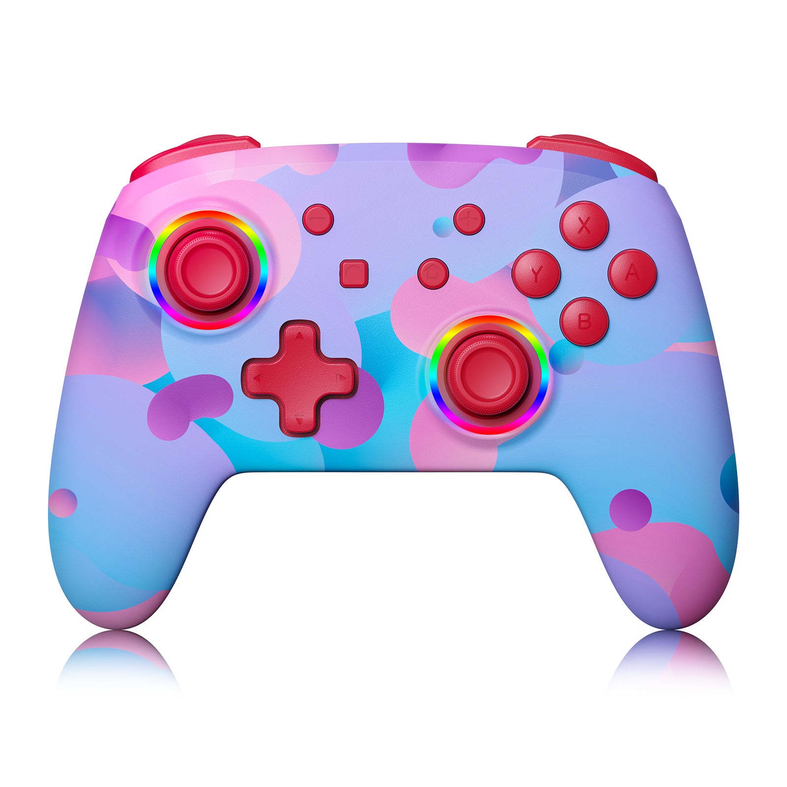 The image showcases a vibrant skin on the Bluetooth controller.