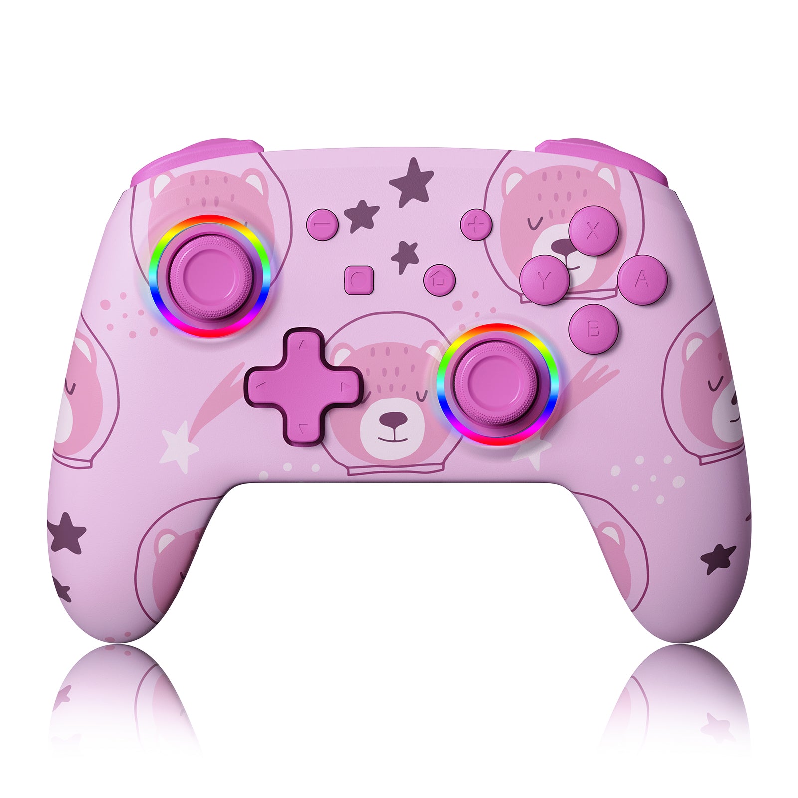 Shows off the pink bear's skin on the Bluetooth controller