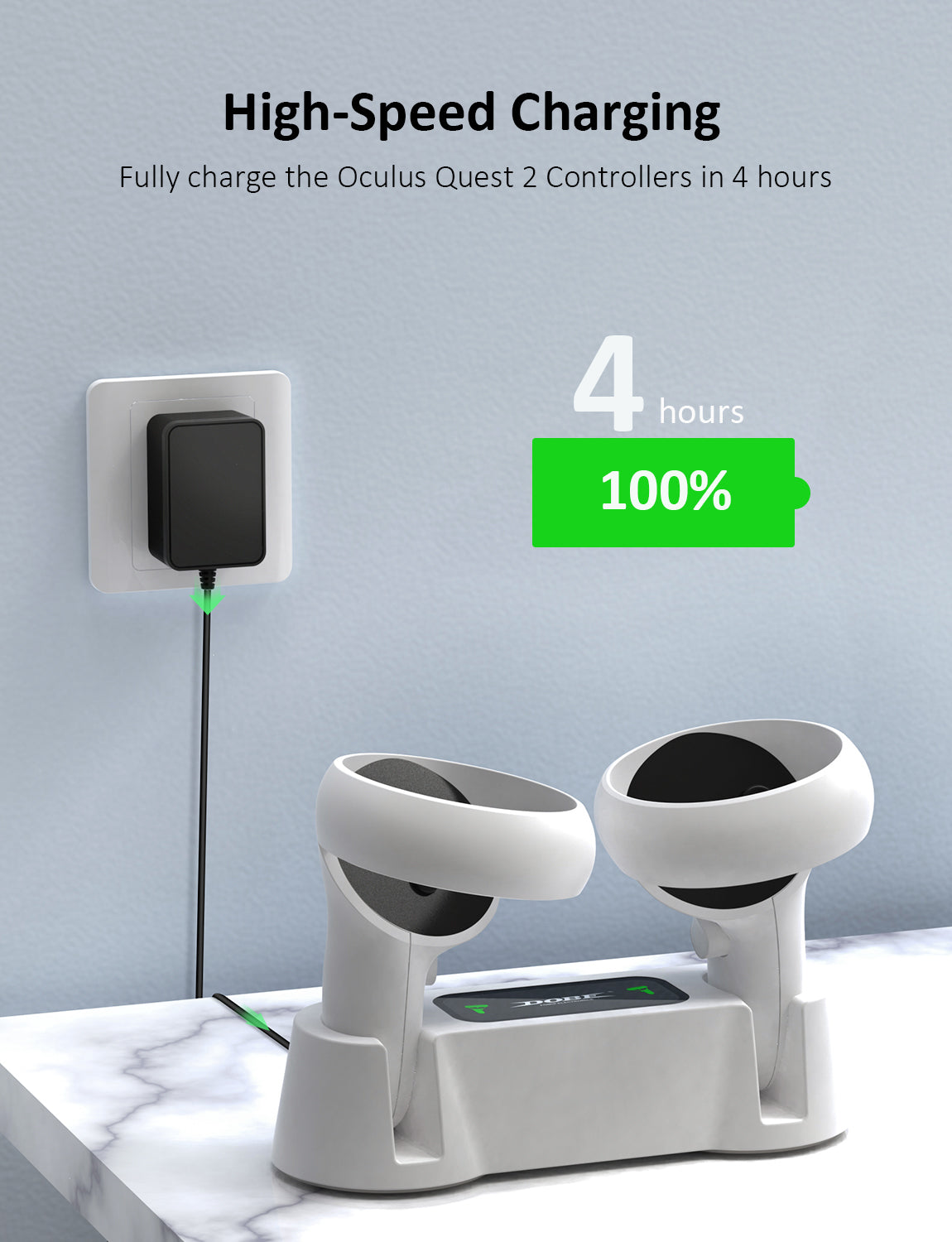 The charging dock fully charges Oculus Quest 2 Controllers in 4 hours with the power adapter.