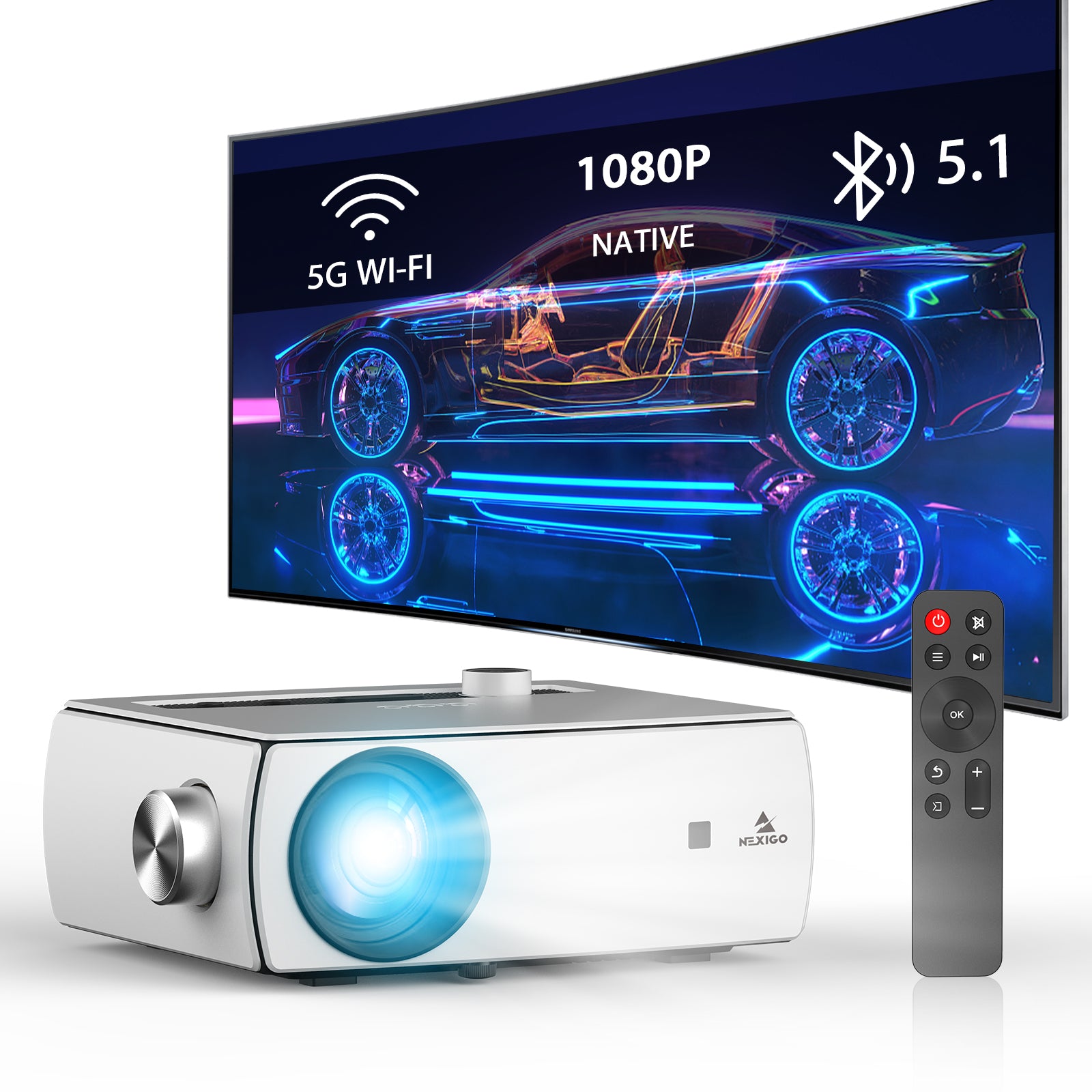 NexiGo PJ10 is a native 1080p HD projector with immersive 5G Wi-Fi and Bluetooth 5.1 wireless tech.