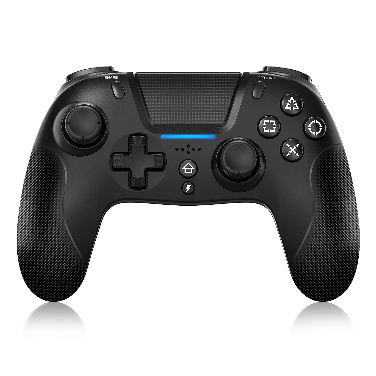 PS4 black controller with anti-slip texture and blue indicator light.