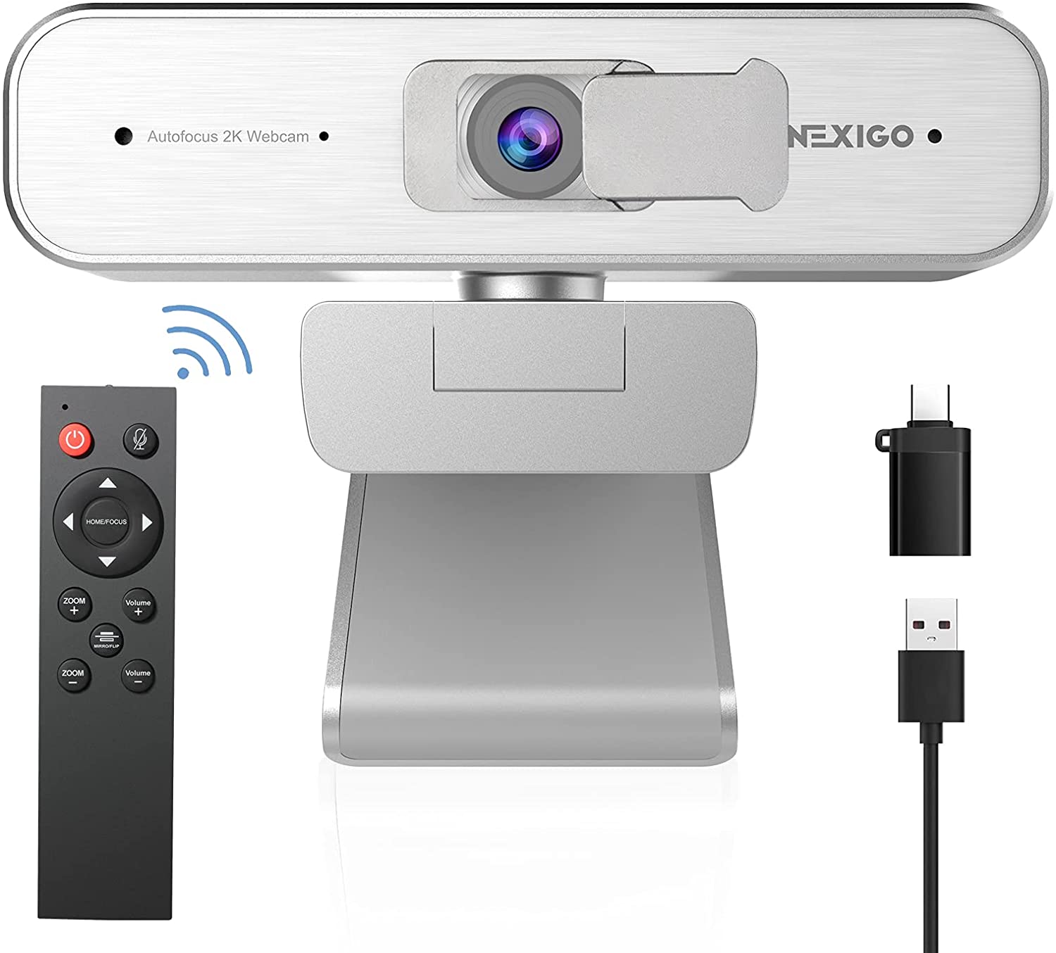 The silver NexiGo N940P can be operated with a remote control and comes with a C to A adapter.