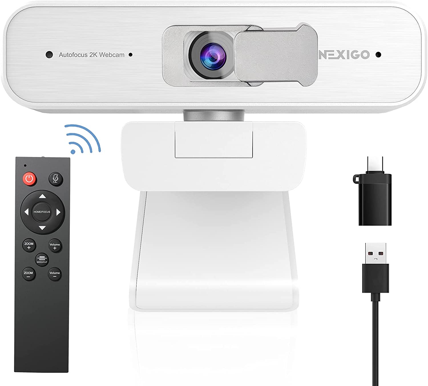 The white NexiGo N940P can be operated with a remote control and comes with a C to A adapter.