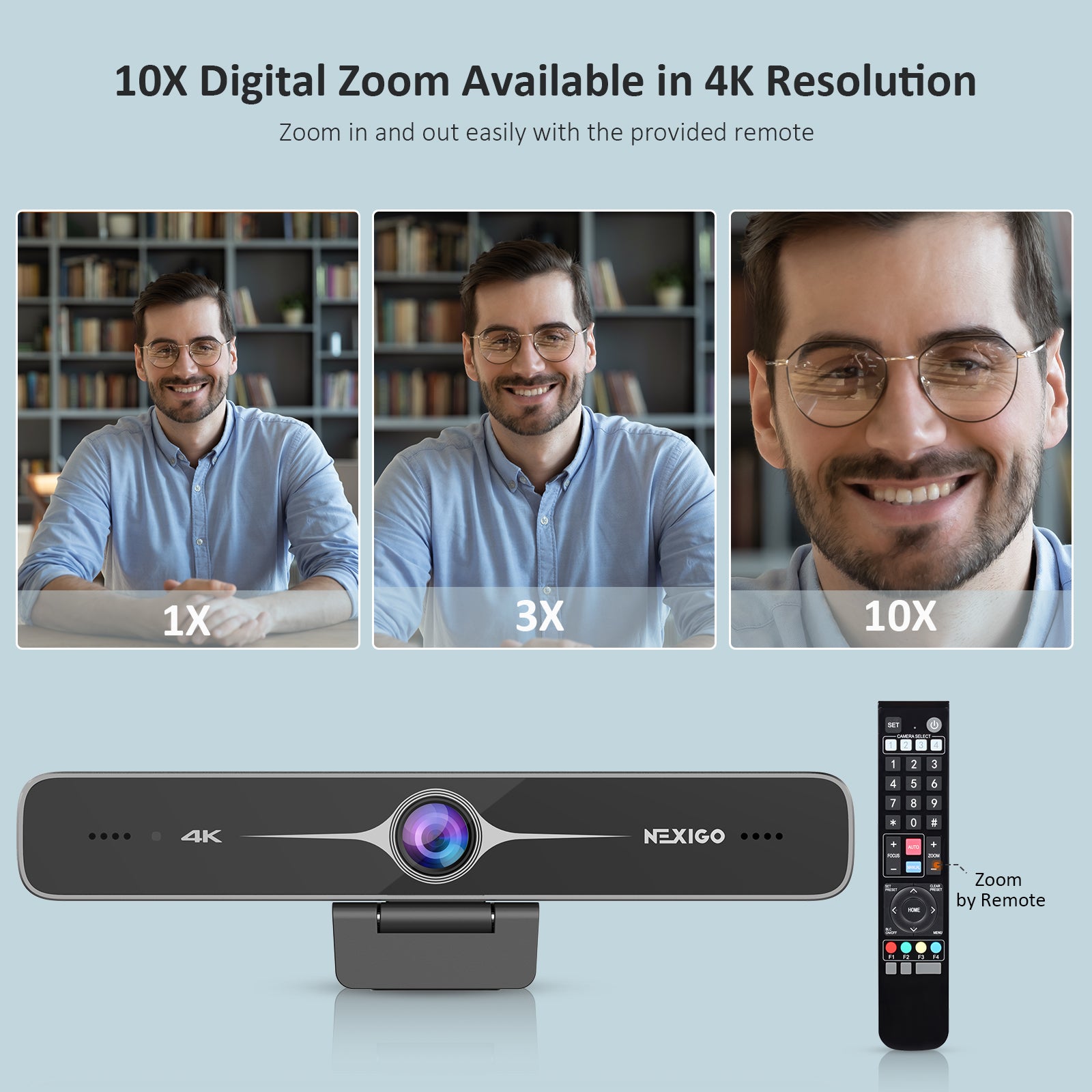 With a single press of a button, the NexiGo N970P webcam allows you to zoom in up to 10x. 