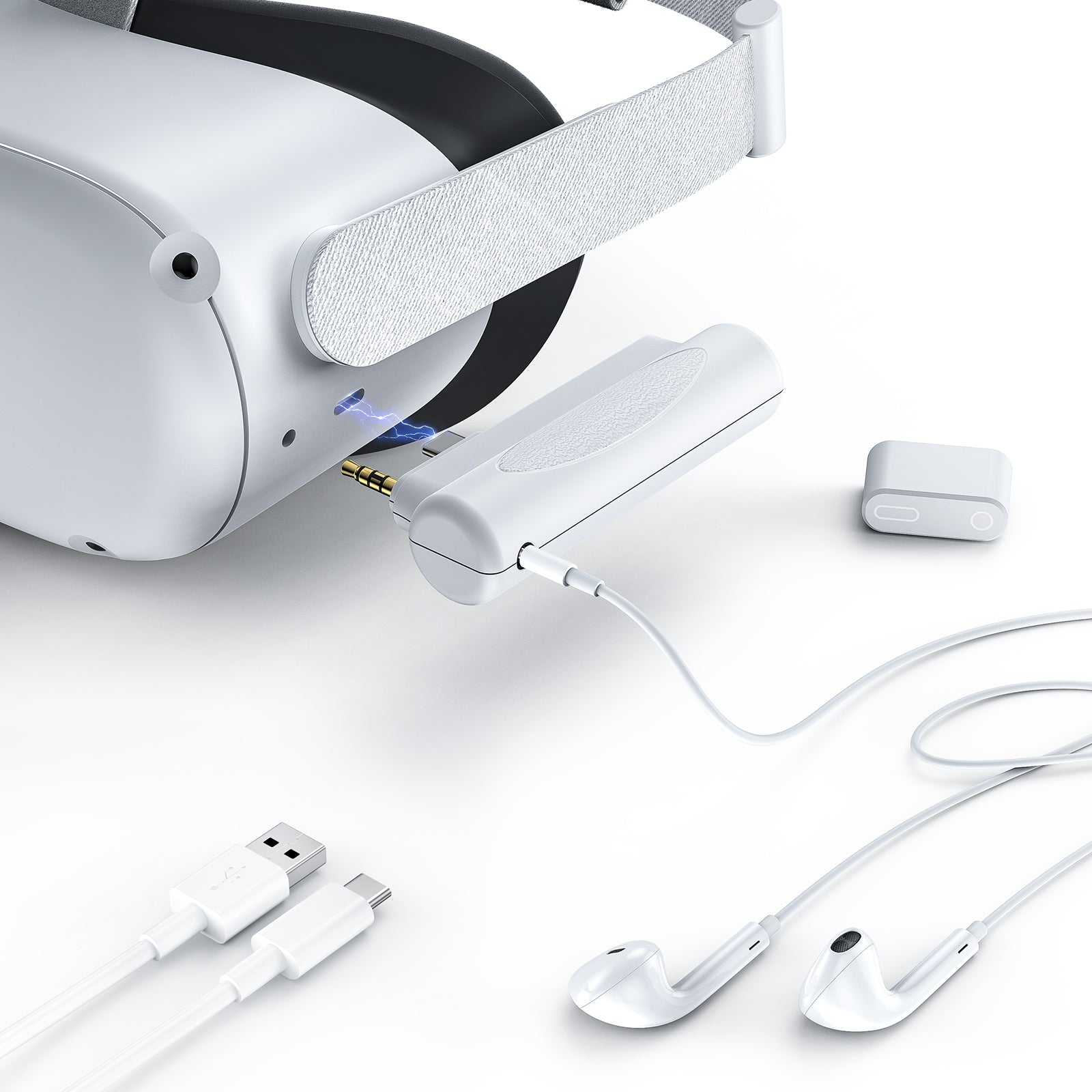 Whlte Battery Pack for oculus quest 2 headset with chaging cable.